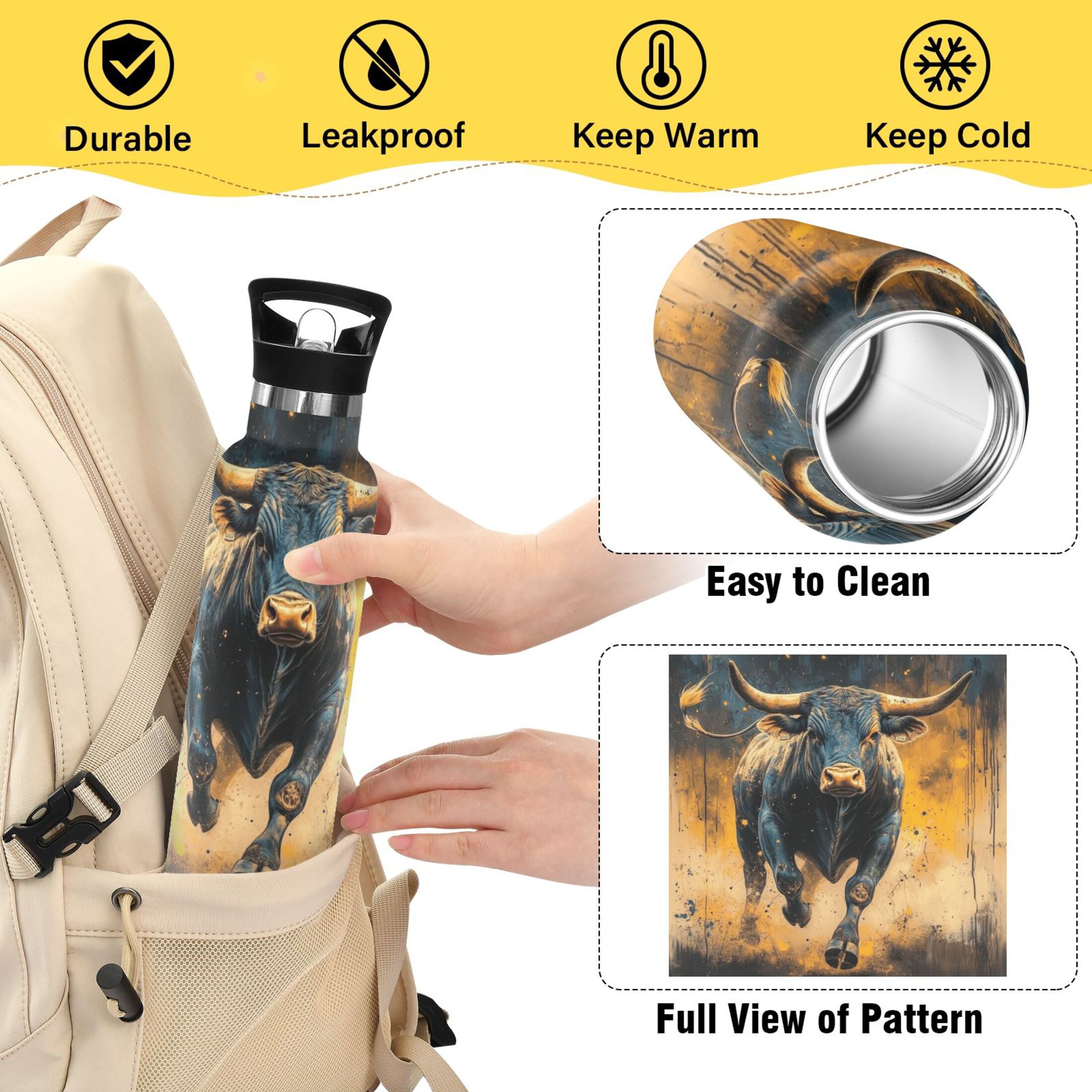Kids Insulated Stainless Steel Sports Water Bottle 600ml (20oz) A Bull Charging