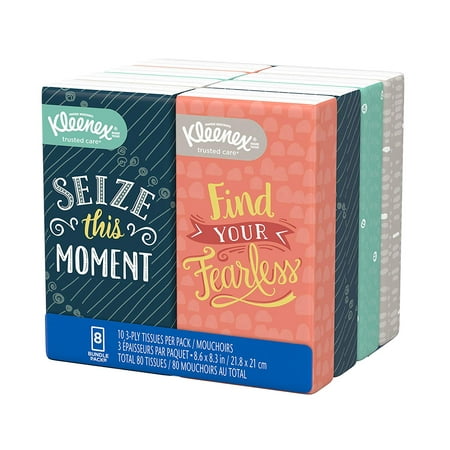 Kleenex Trusted Care Facial Tissues, 8 On-The-Go Travel Packs (80 Tissues Total) (Packaging May Vary)