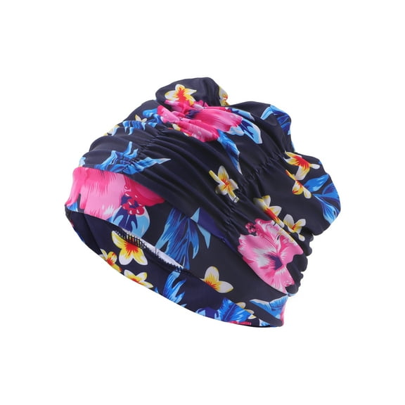 Unique Bargains 1 Pc Elasticity Flower Pattern Swim Cap 5.91"x9.25" Navy Blue Pink