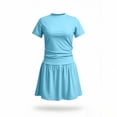 thumbnail image 2 of OGLCCG Girls Summer Short Sleeve Dress Kids Casual Crew Neck Ruched Waist Pleated A Line Swing Mini Dress Cute Athletic Dress 5-15 Years, 2 of 8