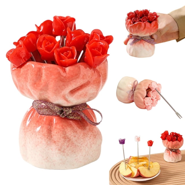 Rose Shaped Forks With Elegant Ceramic Storage Vase Novelty Artificial Rose Fork Set Creative Tableware Set For Home Kitchen And Dining Decor Accessories