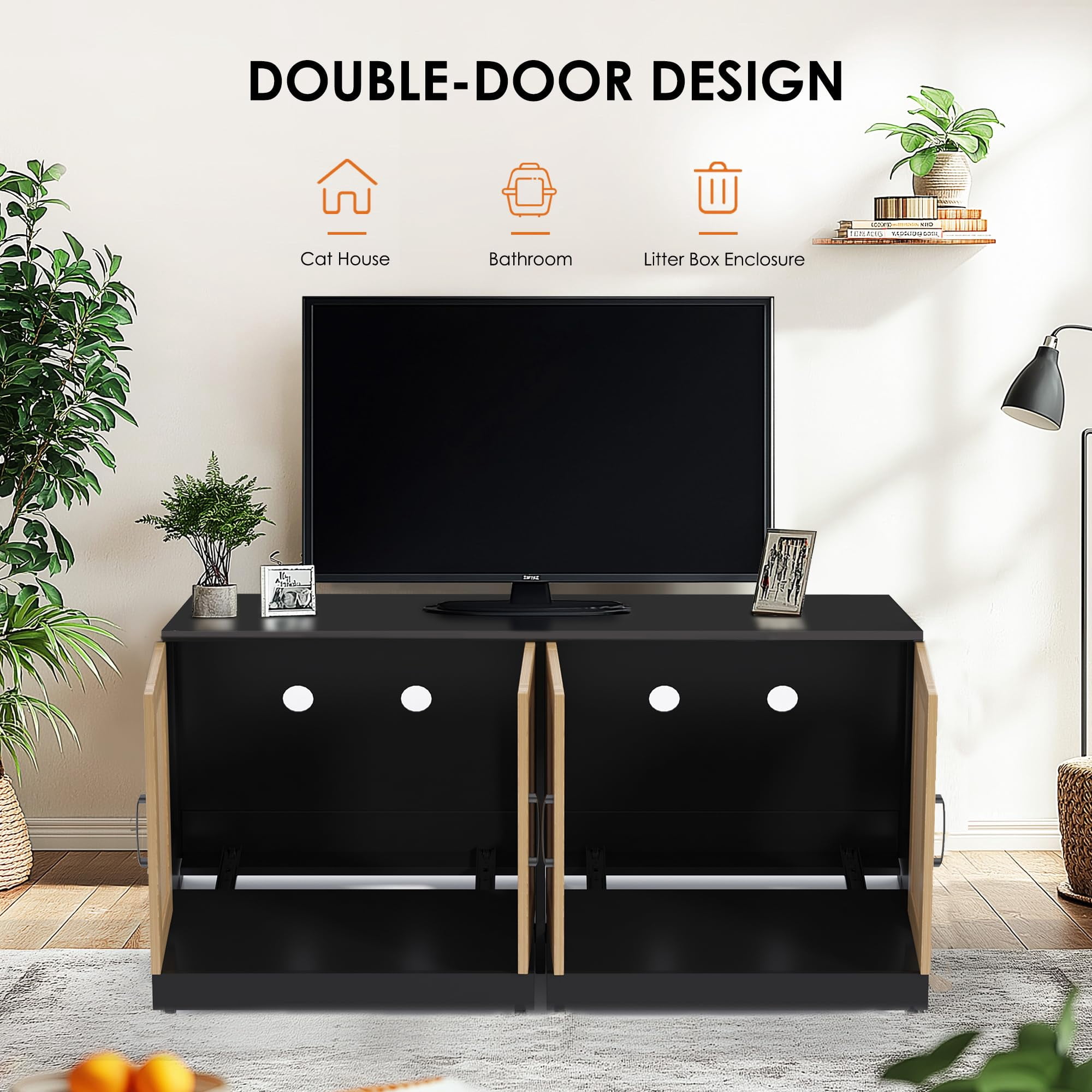 Garvee Litter Box Enclosure for 2 Cats, 47.2" Large Wood Hidden Litter Box Furniture for 2 Boxes with Sisal Doors and Sliding Drawers, Indoor Cat House TV Stand