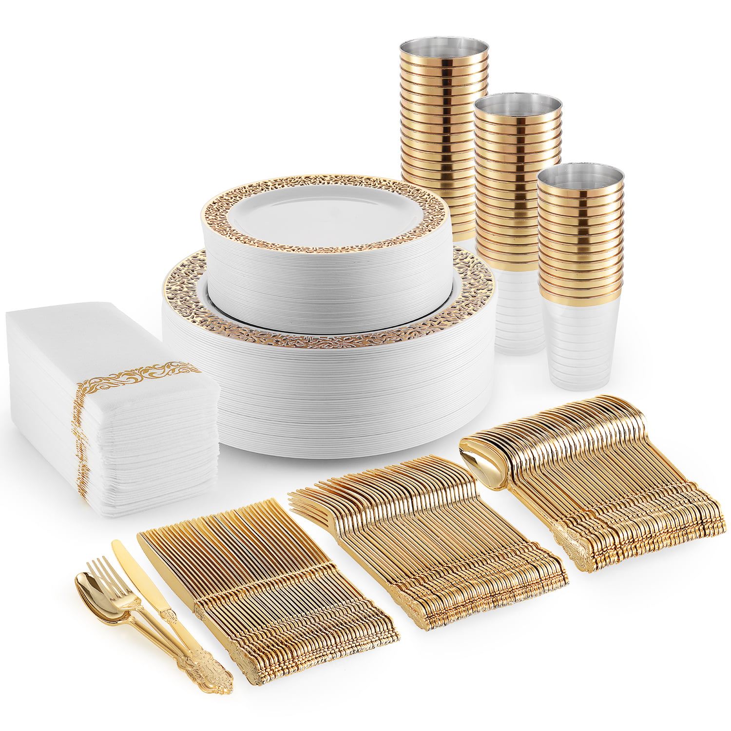 350 Piece Gold Dinnerware Set 50 Gold Pl... 50 Guest Gold Rim Plastic Plates 