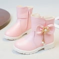 thumbnail image 2 of Girls Snow Boots Sweet Bowknot Fringe Princess Winter Dress Booties Lug Sole Low Heel Warm Furry Lined Zipper Ankle Boots 12.5 Little Kid Pink, 2 of 5
