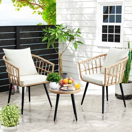 EARLGROVE 3 Piece Rattan Table and Chairs Wicker Apartment Balcony Patio Bistro Furniture Sets, Beige