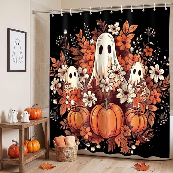 Halloween Ghost Shower Curtain Spooky Fall Pumpkin Floral Bathroom Decor Waterproof Fabric 71x71 inches