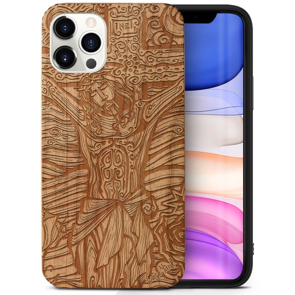 Case Yard Wooden Case Outside Soft TPU Silicone, Slim Fit Shockproof Wood Protective Phone Cover for Girls Boys Men and Women, Supports Wireless Charging Jesus Design case for iPhone-12-Pro-Max