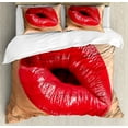 thumbnail image 1 of Lips Duvet Cover Set Queen Size, Female Gesture Woman Blowing a Kiss with Red Juicy Lipstick Illustration, 3 Piece Bedding Set with 2 Pillow Shams, Sand Brown and Scarlet, by Ambesonne, 1 of 3