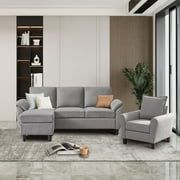 79" Convertible Sectional Sofa Set, Small L Shaped 3-Seat Couch with Reversible Chaise and Accent Chair, Modern Linen Sofas Couches for Living Room, LightGrey