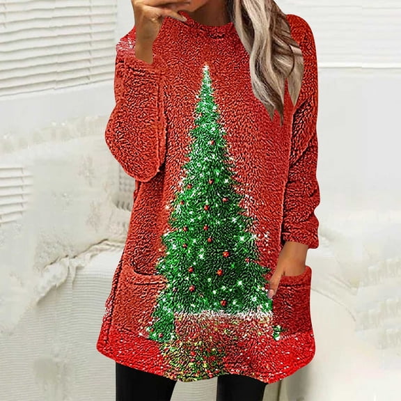 Gyedtr Sweatshirts Xmas Holiday Women Print Long Sleeved Round Neck Loose Oversized Casual Christmas Printed Sweatshirt Hoodies For Women