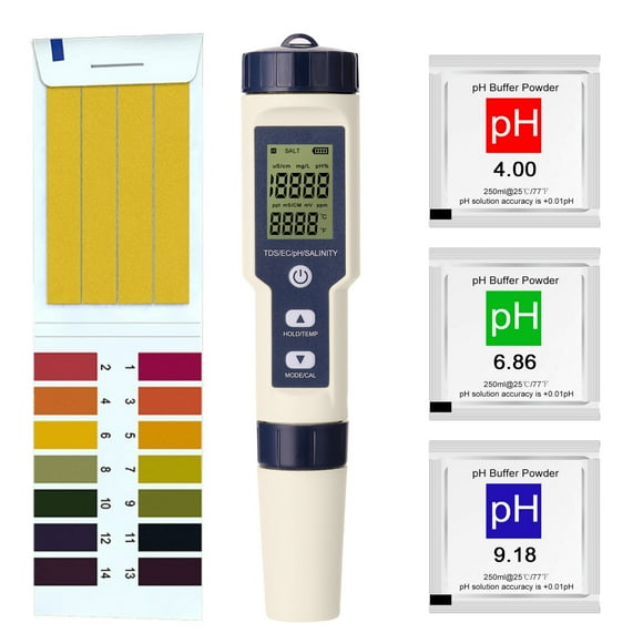 Portable 5-in-1 Water Quality Tester for pH, EC, TDS, Salinity, and Temperature with Calibration Solutions - Compact Aquatic Monitoring Device Ideal for Home and Professional Use
