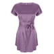 thumbnail image 4 of Vestido de Manga Corta para las Mujeres, Color Sólido Encaje Hasta Cintura Retracta Satén Tenedor Dividido, Cuello Redondo Midi, 4 of 8