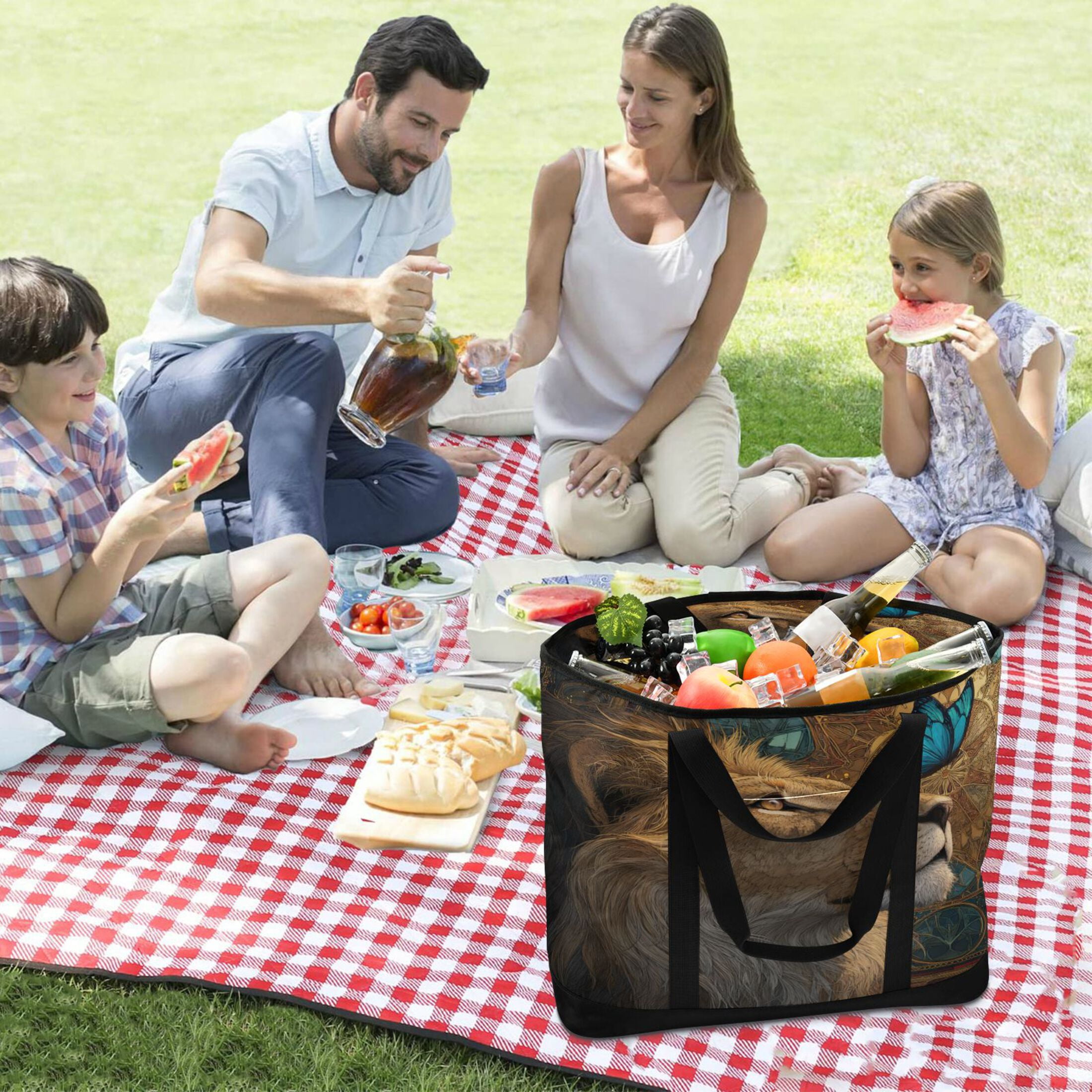 Extra-Large Wide Opening Design Capacity Hand-Held Ice Pack Thickened Insulation Layer For Long-Lasting Cold Retention For Outdoor Shopping Picnics And Camping Majestic Lion and A Butterfly