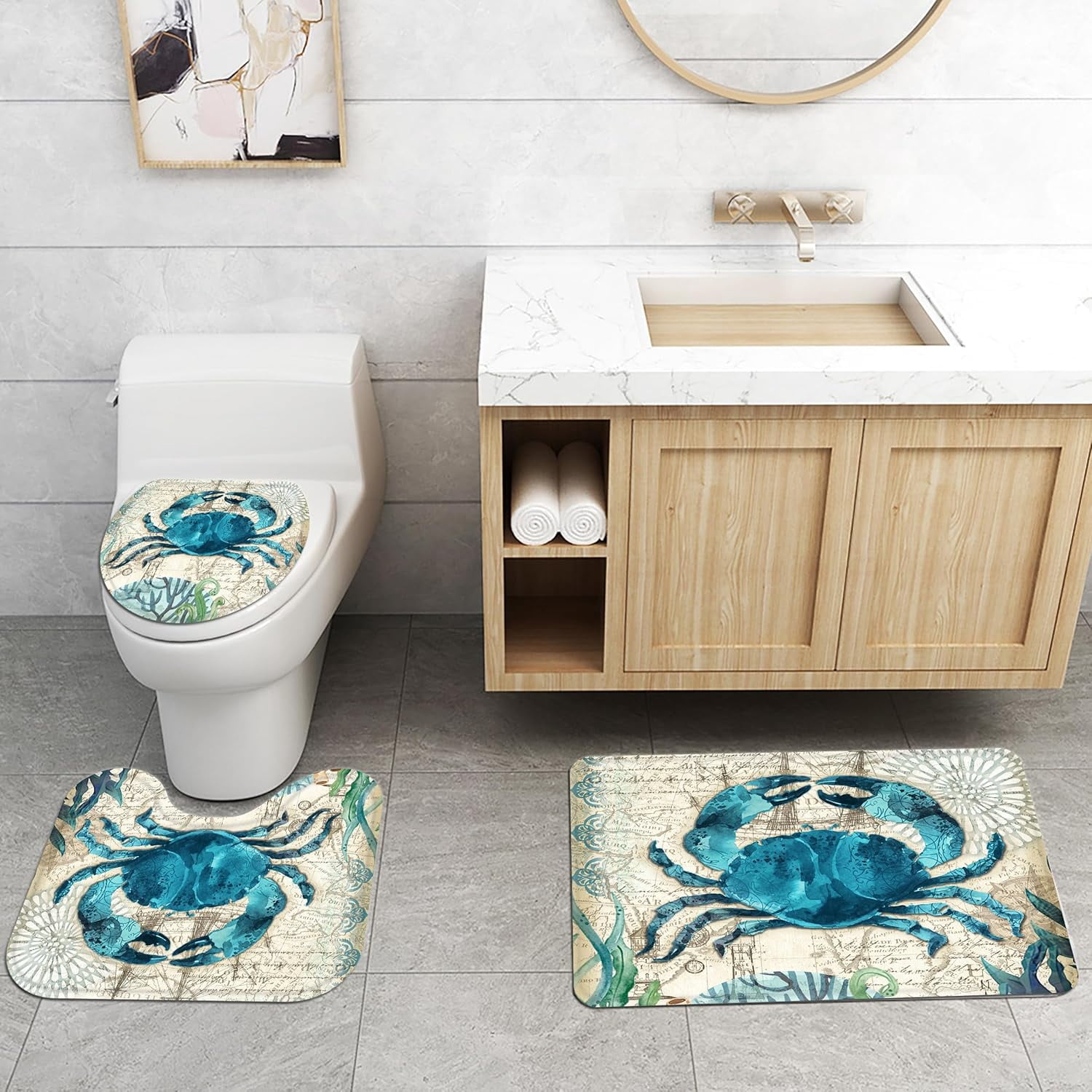4Pcs Sea Crab Waterproof Shower Curtain Sets,Ocean Bathroom Sets with Shower Curtain, Toilet Lid Rug, Contour Mat and Bath Mat, 12 Hooks Gift for Bathroom Set Decor
