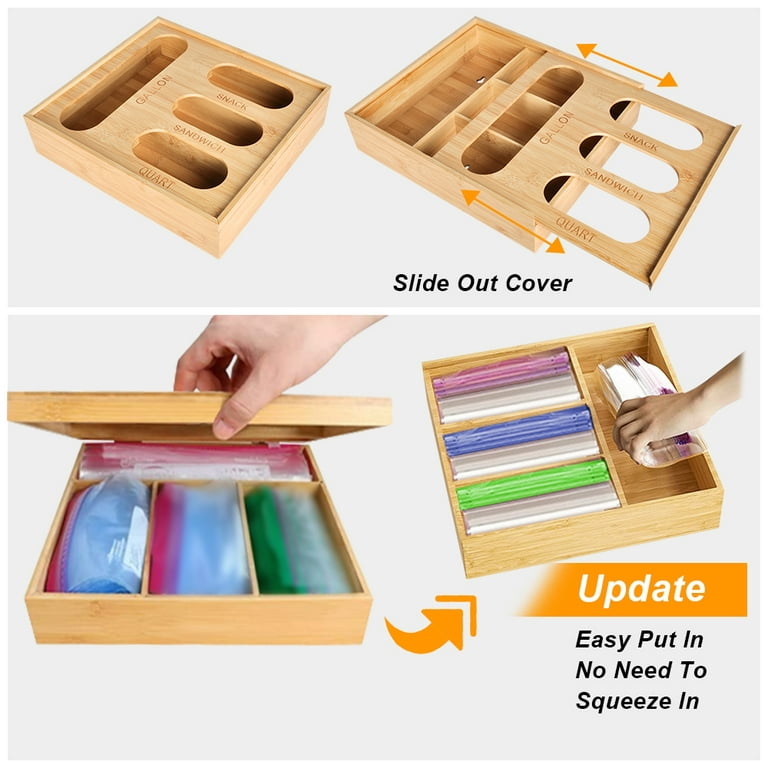 Fully Assembled) FLRUL Wooden Ziplock Bag Organizer for Pantry & Drawer, 4  Slots Baggie Storage Holder for Gallon Quart Sandwich & Snack bags,  Compatible with Ziploc Bags 