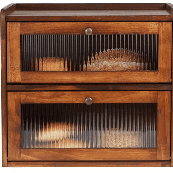 Bread Box for Kitchen Countertop Wooden Bread Storage Container Bin 2 Layer Breadbox Holder Large Capacity Keeper Vintage Farmhouse Food Organizer Pantry Shelf Acrylic Window (Brown)