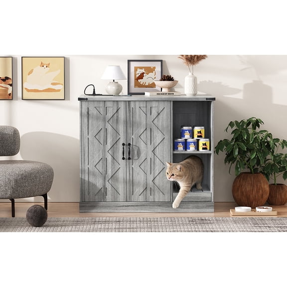 YIYADO Cat Litter Box Enclosure Furniture with Power Outlet, Hidden Litter Box Cabinet for Large Automatic Litter Boxes, Grey Cat Washroom with Litter Catcher & Adjustable Storage Shelves