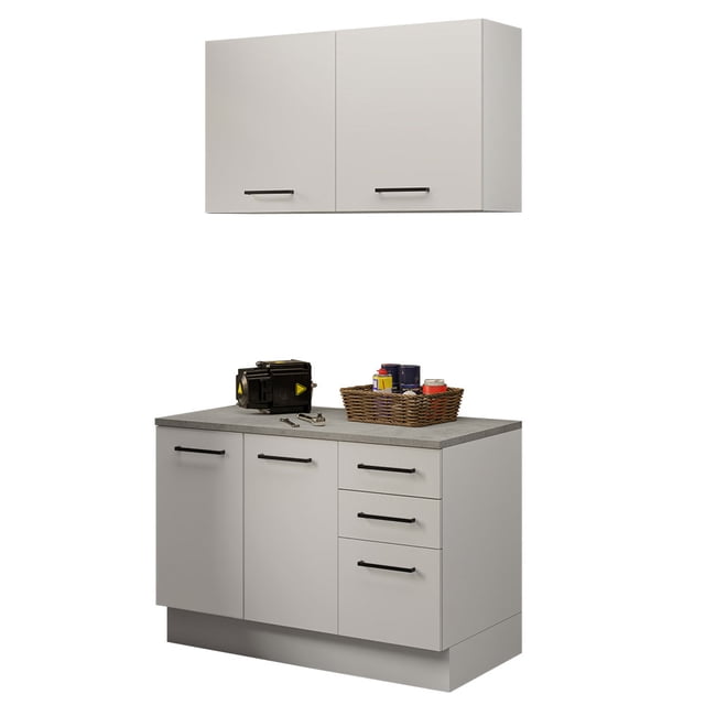 mueble modular integral de almacenamiento garaje madesa 120 bb gabinete superior y gabinete bajo blanco de 120 cm con dos puertas superiores, gabinete inferior con dos puertas, tres cajones con correderas telescópicas de apertura total, encimera en MDP, tiradores de aluminio negros y zócalo removible; ideal para organizar herramientas y materiales en el garaje.