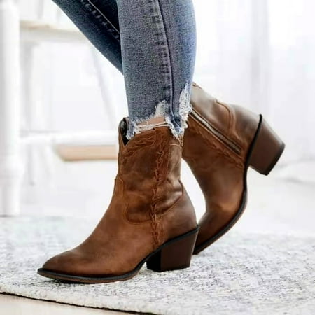 

Christmas Shoes Booties Women Heels Pointed Non Slip Zipper Color Short Retro Toe Solid Women s Boots