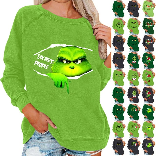 Chandail de Noël Abordable Corashan Chandail de Noël Laid Drôle Blouses à Manches Longues pour Femmes Décontracté Col Rond Chemise Blouse Imprimée Hauts Coupe Ample Automne Vert, G
