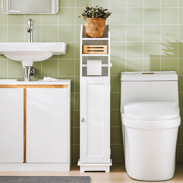 SoBuy FRG177-W, Support de Rouleau de Papier Toilette pour Salle de Bain, Armoire de Rangement Autoportante, Blanc