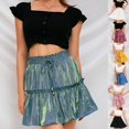 thumbnail image 5 of Women Summer Drawstring High Waist Mini Pleated Skater Skirt Solid Color Flared Ruffle Hem Loose Swing A-line Streetwear Yellow Xl, 5 of 5