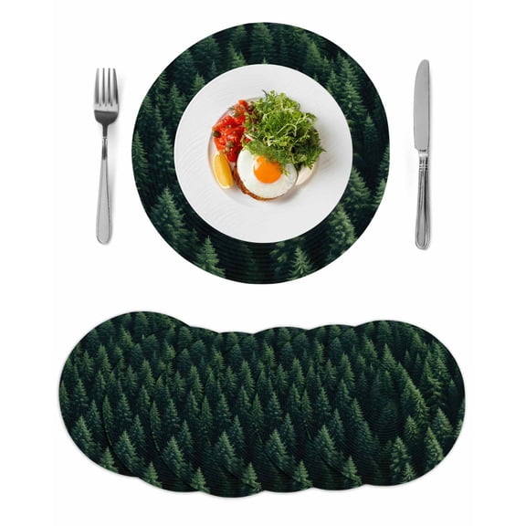 Green Forest Round 15 Inch Placemats Set of 6, Modern Pine Trees Mysterious Art HeatResistant Non Slip Place Mats for Dining Table, Wipeable Braided Kitchen Table Mats for Housewarming