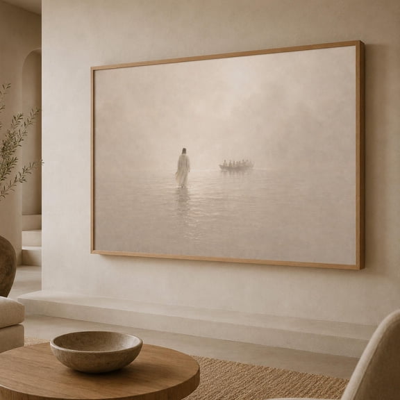 Jesus Walking on Water Large Canvas, Christian Wall Art, Biblical Faith Art, Minimalist Religious Home Decor, Modern Neutral Fine Art Print