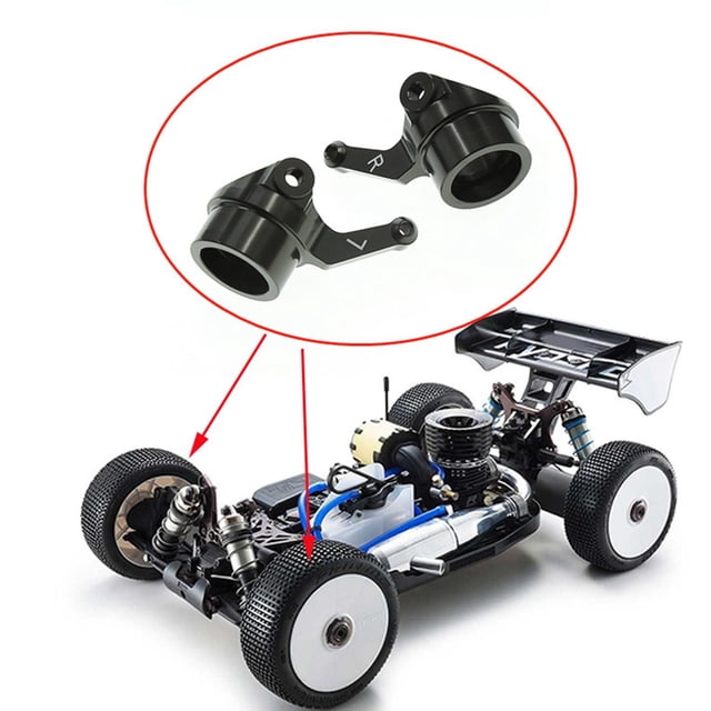 2x copas de dirección de aleación de aluminio rc, repuesto de piezas de mejora, para t rc, piezas de yotijar copas de dirección de coche rc par de copas delanteras en negro; vista centrada de dos cubos cilíndricos mecanizados con brazo marcado L/R, orificio interior para eje y acabado de aluminio, mostradas sobre chasis 1/10 MP10 como ejemplo de montaje y aptas como reemplazo directo para bujes y brazos de dirección.