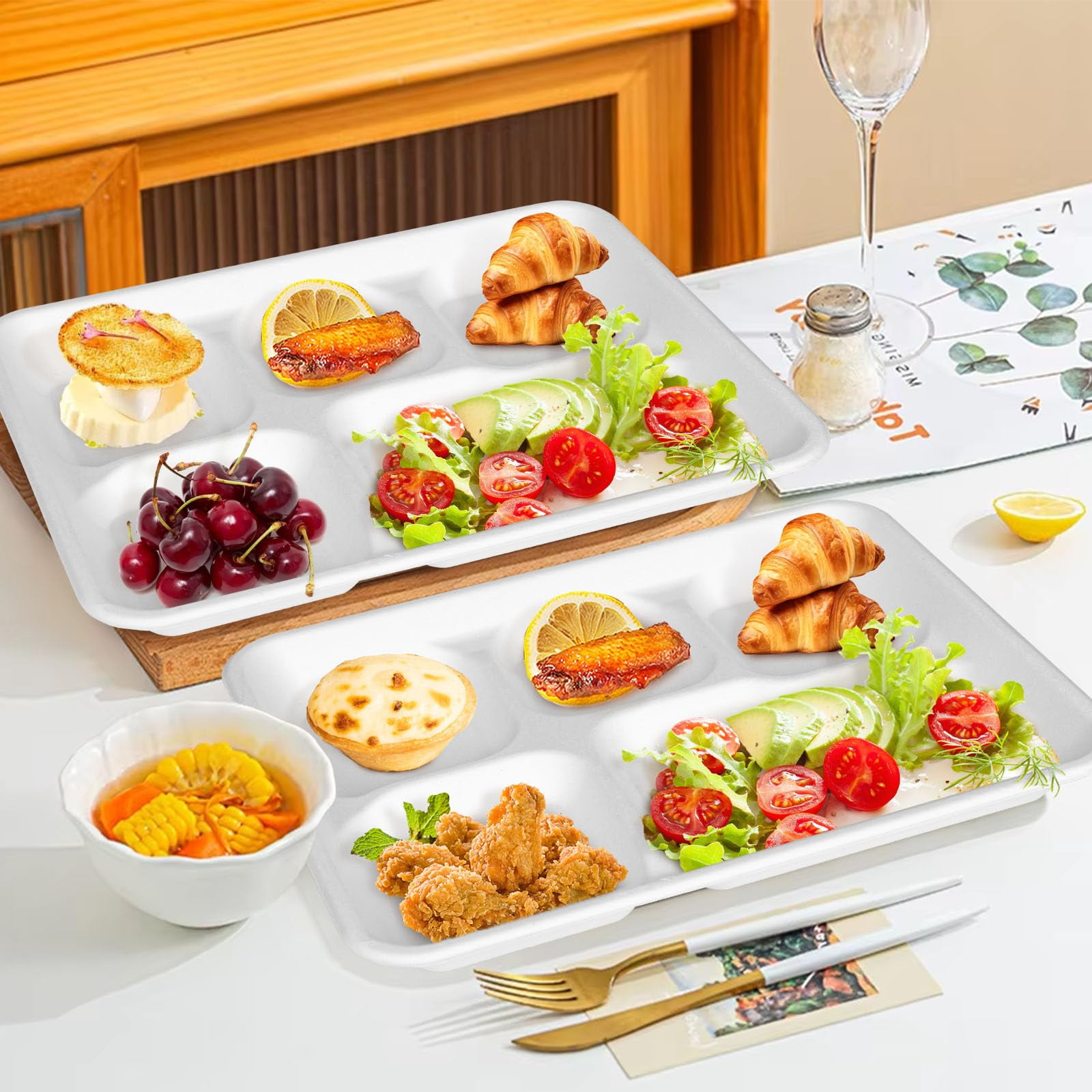 Pony Packaging 100% Compostable 5 Compartment AFN1Plates, 125 Pack White Disposable Paper Plates, 10 * 8 inch Heavy-Duty Divided Disposable Plate for Party Dinner Lunch Buffet