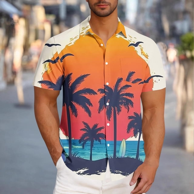 Blusa y camisa de manga corta con cuello vuelto para hombre, blusa informal de moda con cuello vuelto, blusa estampada de manga corta con botones, blusa de poliéster para hombre