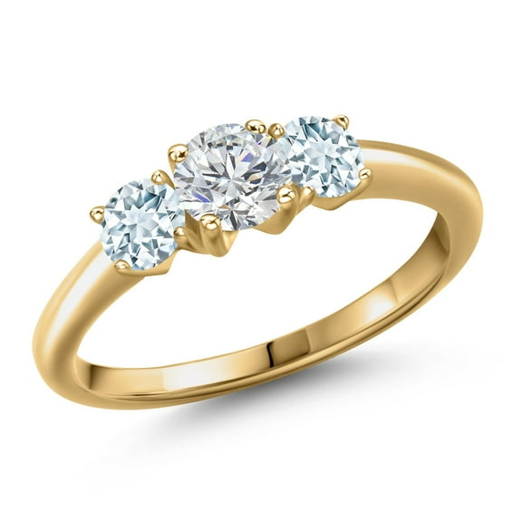Gem Stone King 18K Yellow Gold Plated Silver Lab Grown Diamond and Sky Blue Aquamarine Engagement Ring for Women | 1.00 Cttw | Round 5MM | Gemstone April Birthstone | Size 8