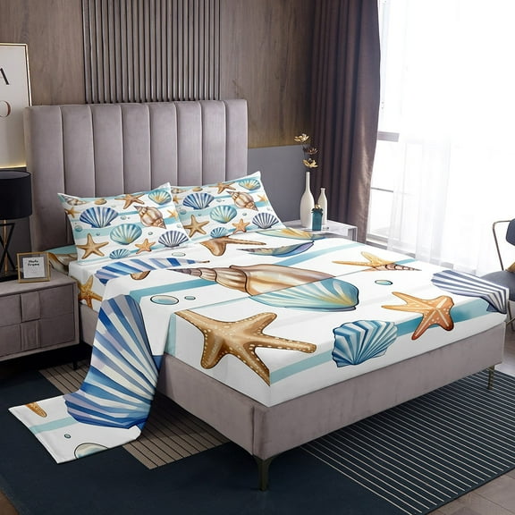 Erosebridal Kawaii Seashell Sheet Set Twin, Cute Starfish Bedding Sets Twin Size, Ocean Animal Decor 3pcs