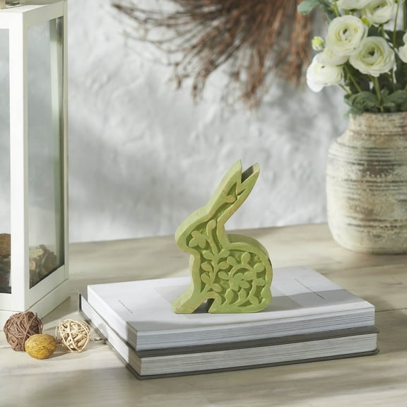 VHC Brands Bunny Hop Wooden Sitting Bunny in Green Enamel 4.5x6.75, Spring Decorations, Home and Table Decor, Spring and Easter Figurines