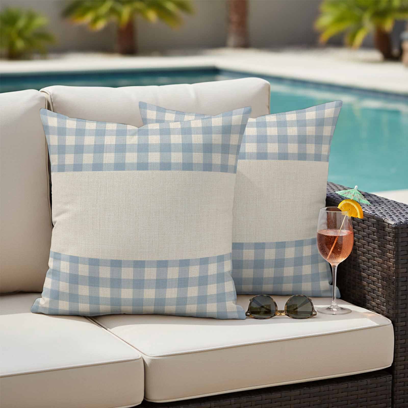 Blue Plaid Outdoor Pillow Covers Set of 2 Retro Country Blue Plaid Linen Texture Waterproof Throw Pillow Cover Decorative Cushion Cases for Patio Porch Garden 26X26 Inch