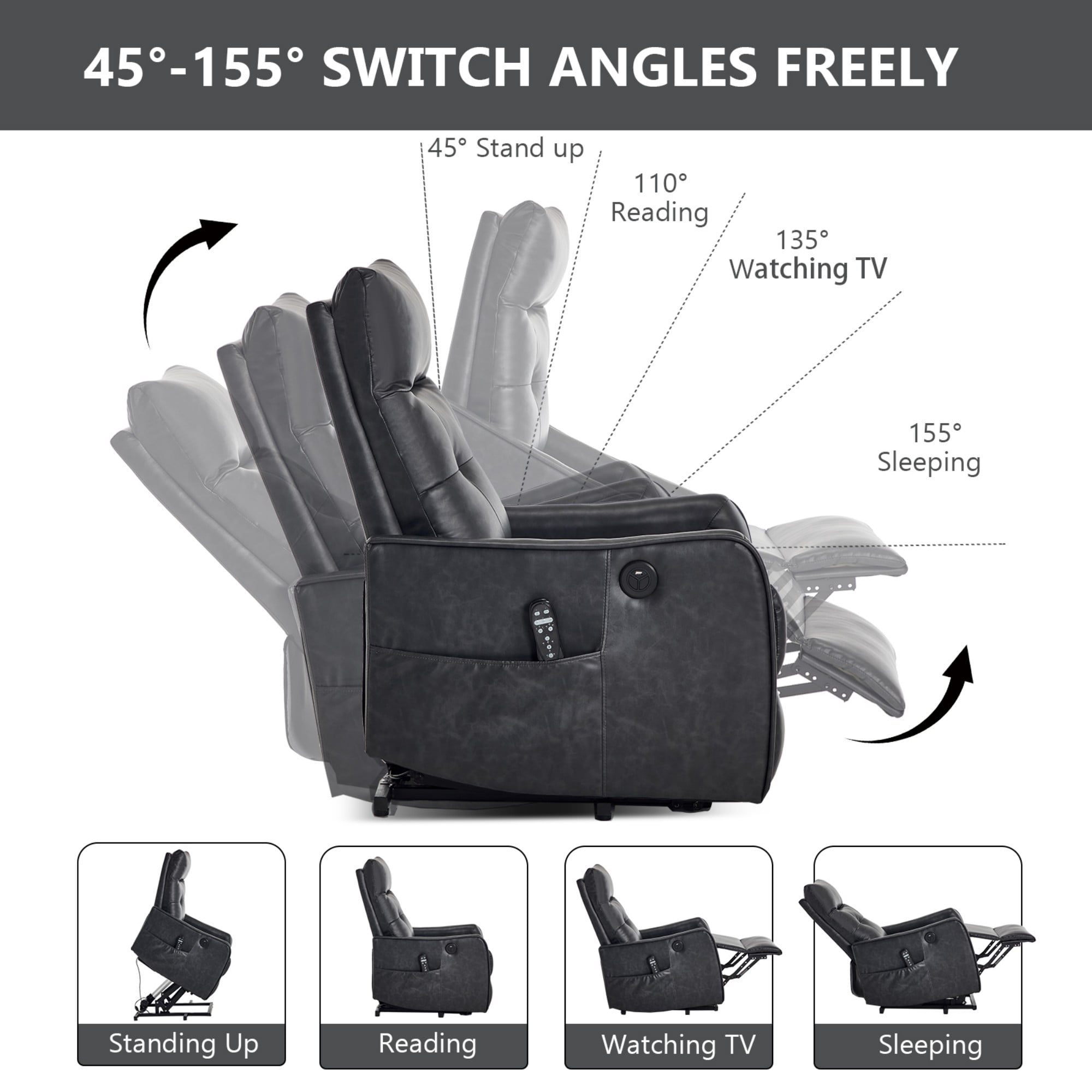 BSHTI Faux Leather Power Lift Recliner Chair with Vibration Massage, Lumbar Heat, USB Charging for Living Room(Gray)