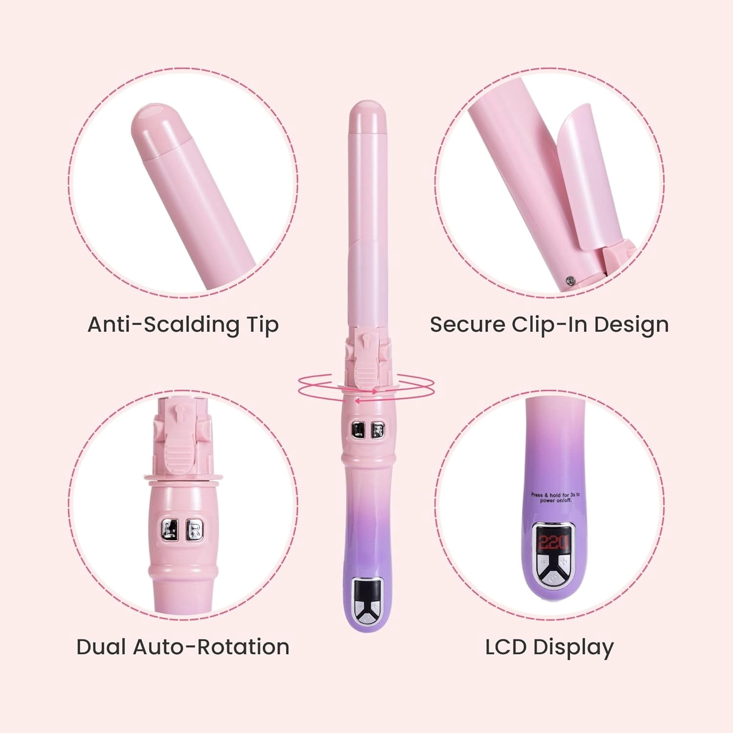 Automatic Rotating Curling Iron, 1.1-Inch Auto Hair Curler with 4 Temperature Settings & LCD Display, Anti-Scald & Dual Voltage
