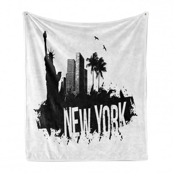 NYC Scene Soft Flannel Fleece Throw Blanket, Cool New York Calligraphy with the City Skyline on the Background, Cozy Plush for Indoor and Outdoor Use, 50" x 60", Charcoal Grey and White, by Ambesonne