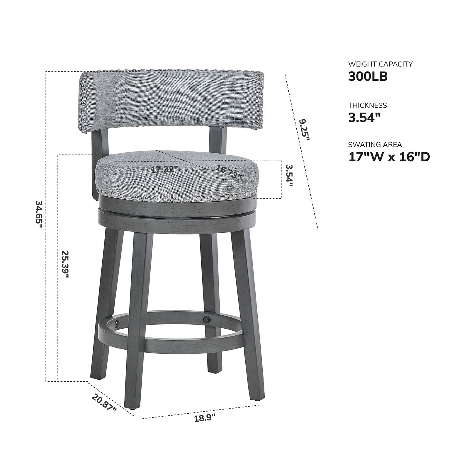 AFO Upholstered Swivel Bar Stool Set of 4 with Back - 24 Inch Counter Height Chair for Kitchen Island, Grey