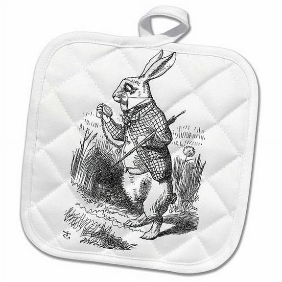 3dRose, Alice in Wonderland White Rabbit with pocket watch - John Tenniel art, 8x8 Potholder