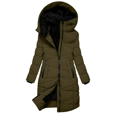 MIASHUI Women s Plush Hooded Mid-Length Parka Diagonal Zip Cotton Coat Cozy and Warm Winter Jacket Army Green L