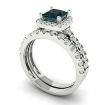 2.01 ct Brilliant Princess Cut Natural London Blue Topaz 18K White Gold Halo Solitaire with Accents Engagement Bridal Wedding Ring Band Set size 5