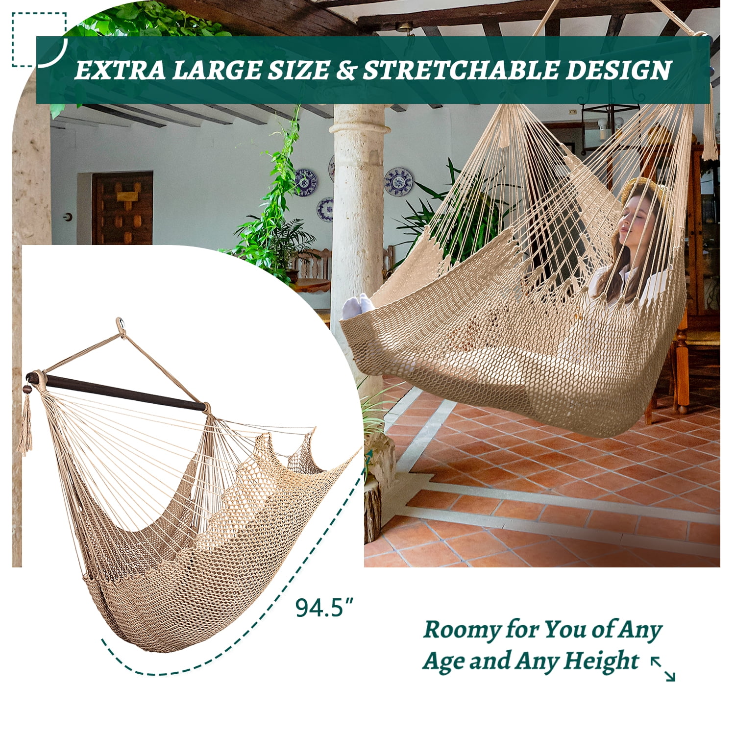 Bathonly Portable Caribbean Hammock Swing Chair with Wood Bar, Outdoor Indoor, Max 330 lbs, Brown