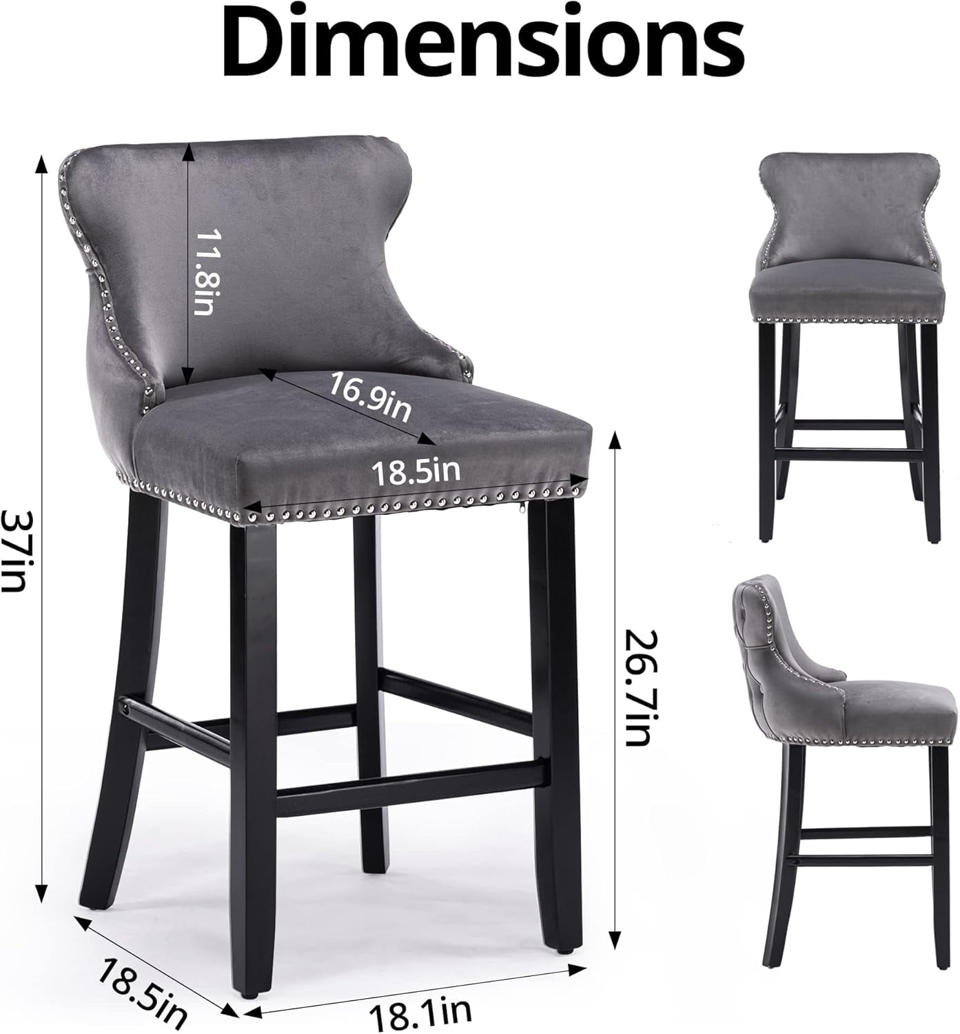 Velvet Wing-Back Bar Stools Set of 2, Button Tufted with Nailhead Trim & Solid Wood Legs, Counter Height Bar Chairs for Kitchen Island Dining Room Pub，Gray