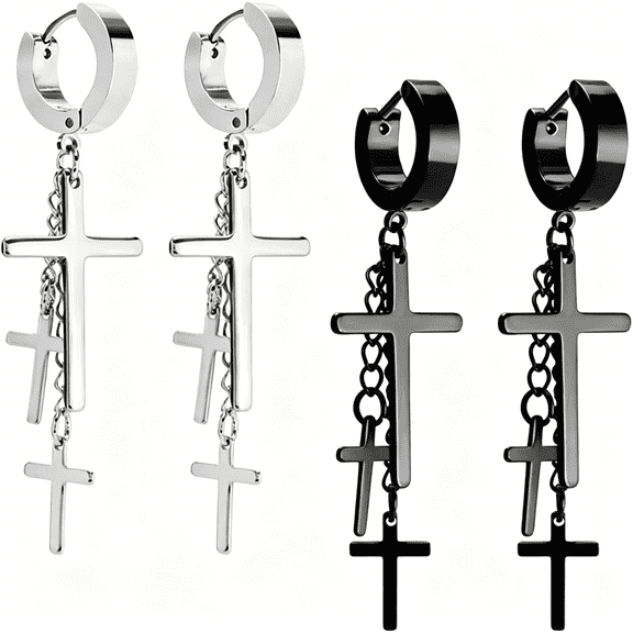 DESIGNICE Cross Tassel Stainless Steel Urban Huggie Hinged Hoop Dangle Earrings