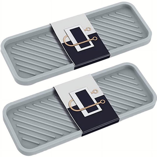 Bandeja organizadora para fregadero de cocina, soporte para esponja para encimera de baño, esponja de silicona, jabón gris, 2 piezas