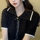 thumbnail image 2 of Blusa de punto con cuello vuelto para mujer, blusa de manga corta con un solo pecho y lazo a cuadros en la parte delantera, Top elegante negro, talla libre 77,2? 132,3 lb, 2 of 8