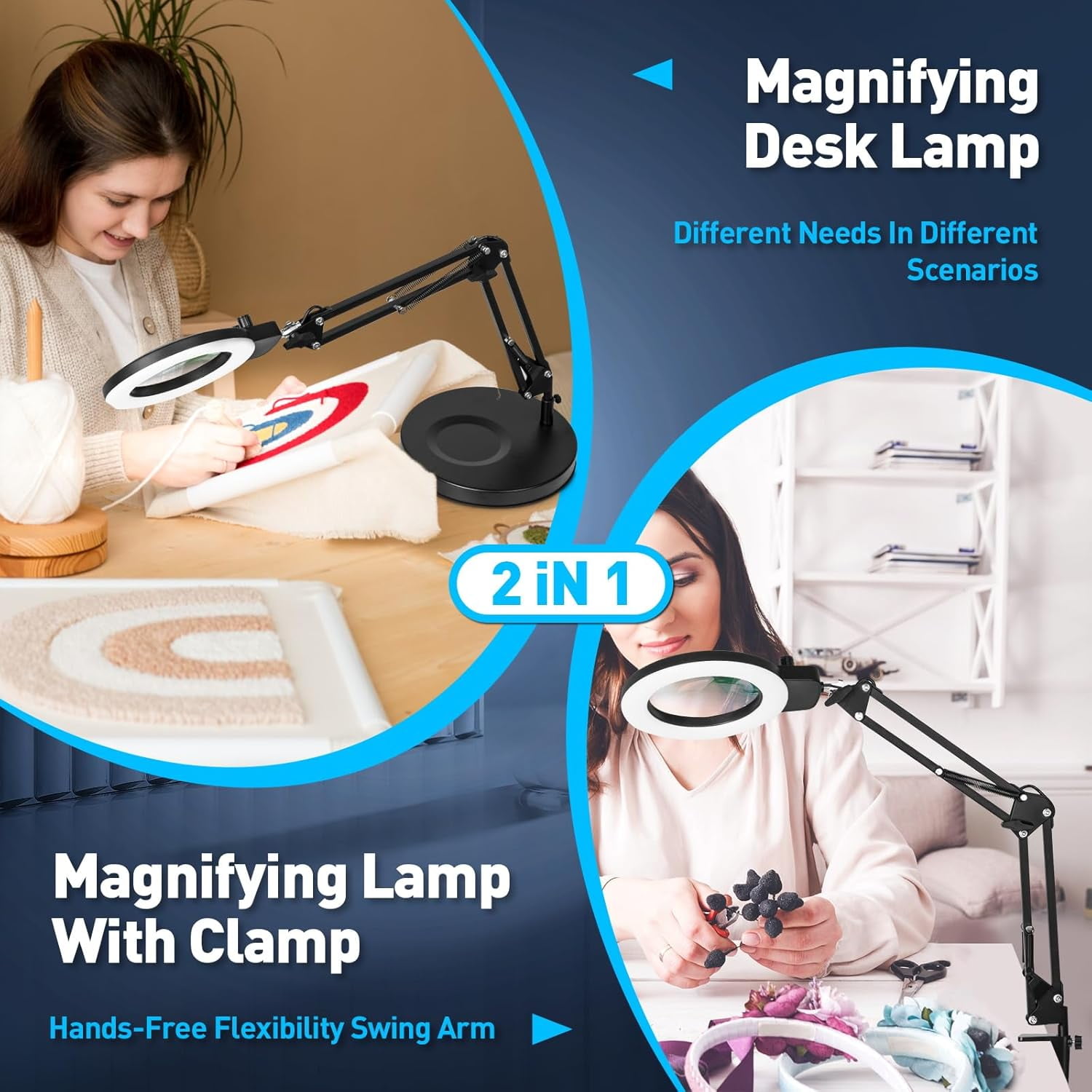 Magnifying Glass with Light and Stand, KIRKAS Upgraded Infinite Color Modes & Brightness LED 2in1 Desk Clamp Magnifying Lamp, Hands Lighted Magnifier Light for Reading Crafts Jewelry Workbench