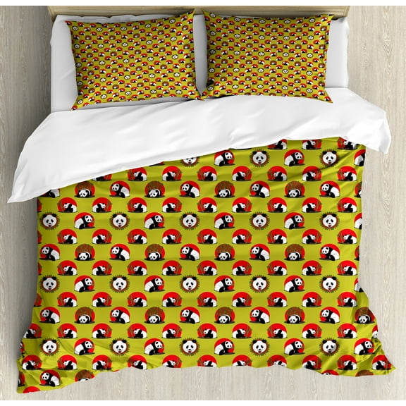 Panda Duvet Cover Set, Japanese Concept Cartoonish Animal Themed Pattern Repetitive Print, Decorative 3 Piece Bedding Set with 2 Pillow Shams, Queen Size, Yellow Green and Vermilion, by Ambesonne