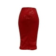 thumbnail image 4 of Lovskoo 2024 Women's High Waist Sequin Skirt Front Slit Bodycon Fit Stretch Sparkly Rhinestone Work Midi Skirts Red, 4 of 8